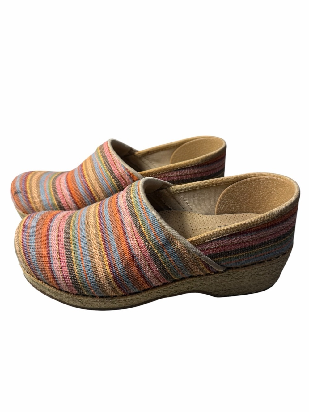 Dansko Slip On Shoes Jute Pro Weave Vegan Clog Rainbow Multi Stripe Sz 39 Nurse
